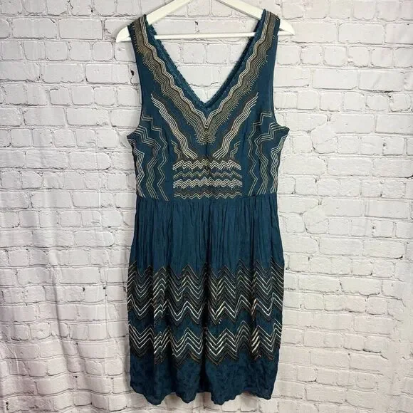 Anthropologie Meadow Rue Beaded Embroidered V Neck Dress Size 14  B - Picture 2 of 9